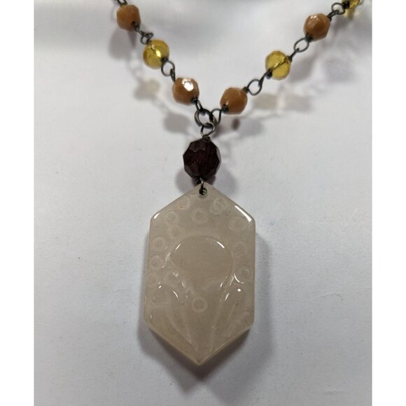 Vintage Carved Quartz Pendant Necklace With Beaded Chain - Picture 7 of 10